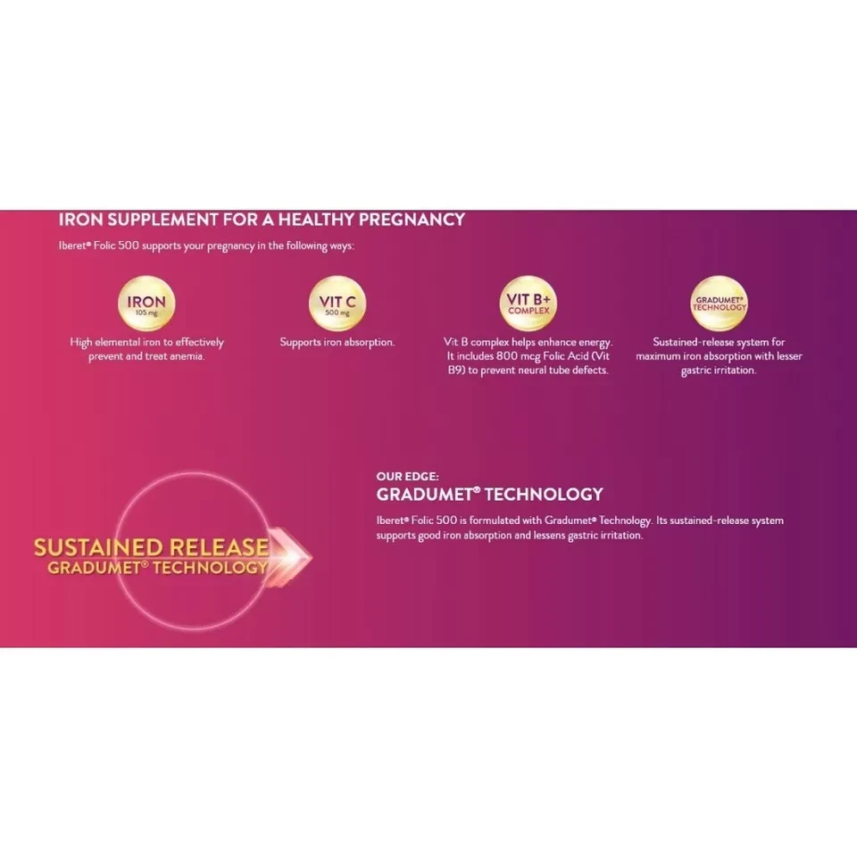 Complejo Vitamina C y B Hierro 30'S Abbott Iberet Folic 500 para Anemia Foto 3 de 4