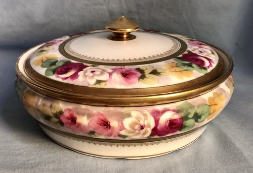 B & H Limoges France Covered Serving Bowl 9” Flowers Gold Trim Gilt Henderson - Picture 3 of 10