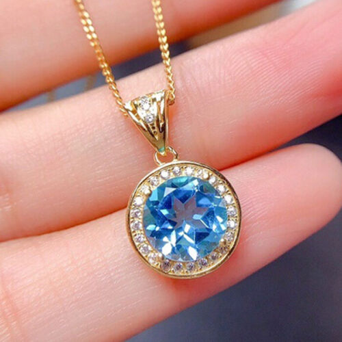 Great Shiny Round Cut Titanic Ocean Blue Topaz Gems Yellow Gold Necklace Pendant - Picture 1 of 6