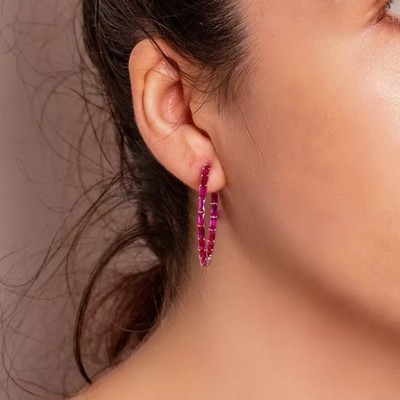 3Ct Baguette Cut Lab-Created Ruby Women's Hoop Earrings 14k Yellow Gold Plated