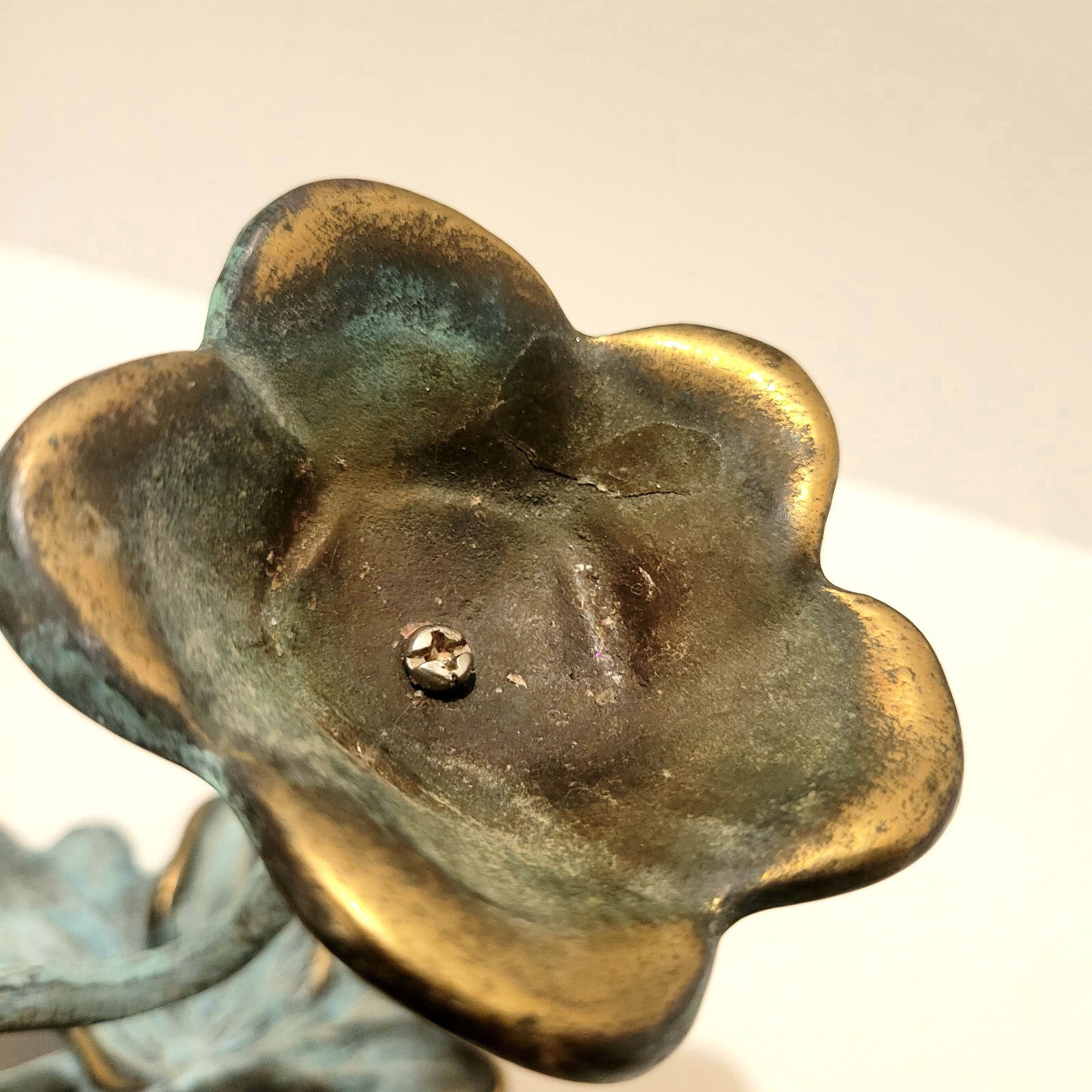 Vintage Patina Green Bronze Metal Whimsical Flower Leaf Candle Holder Boho Chic