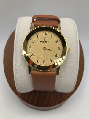 Vintage Delmon Ladies 32mm Watch Gold Tone Brown Band Slim Gold Dial - RUNS