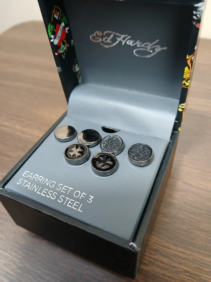 Juego de 3 Pendientes Ed Hardy Joyería Acero Inoxidable Negro NUEVO Foto 2 de 4