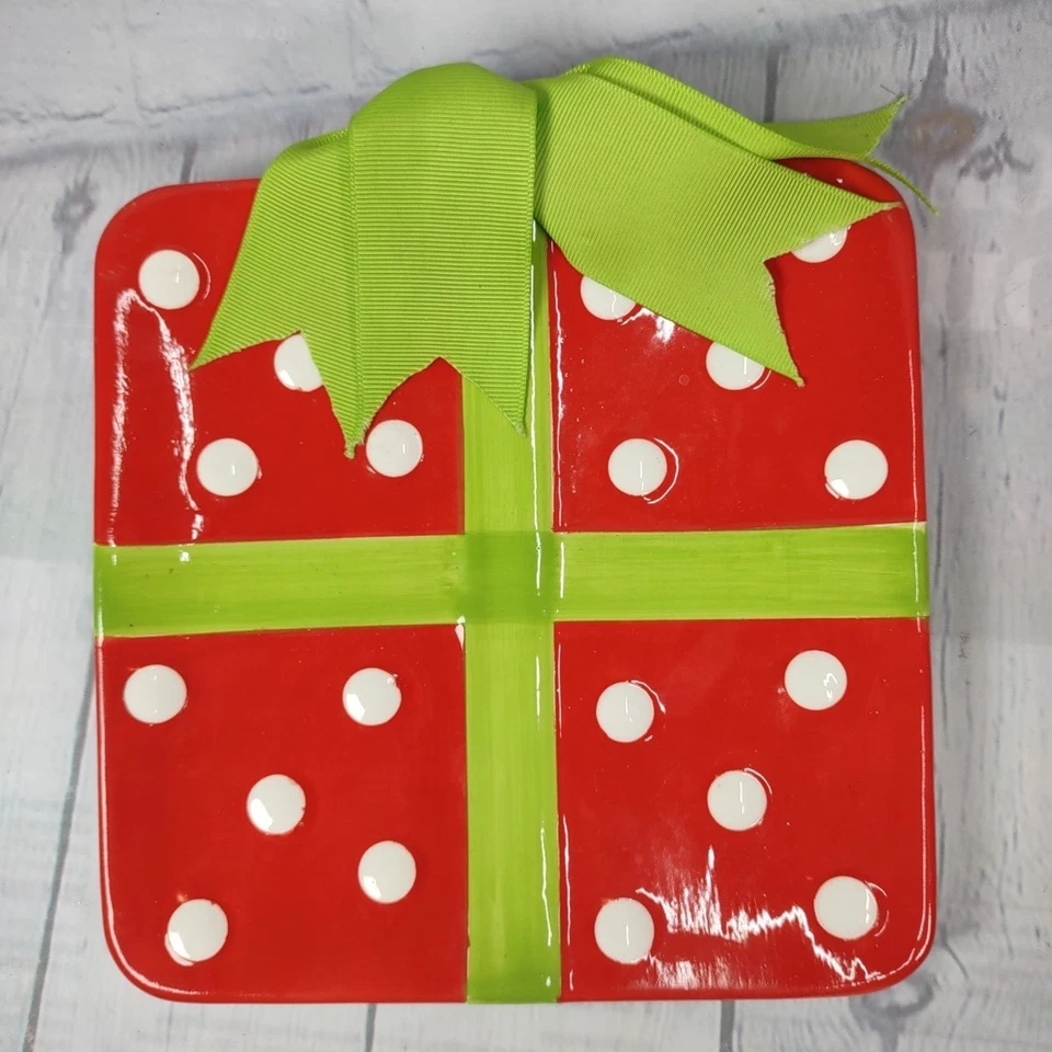 Mud Pie Present Dessert Plate Red White Green 7"x7" Item# 128822 - Image 3 of 4