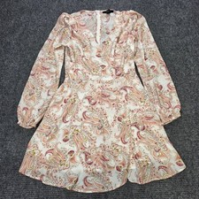 Forever 21 Womens Paisley Print Long Sleeve Wrap Mini Dress Cream Pink Small