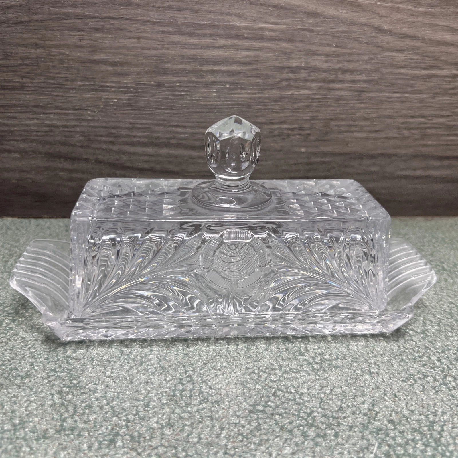 Vintage Carved Federal Windsor Pressed Glass Rectangular Butter Dish With Lid