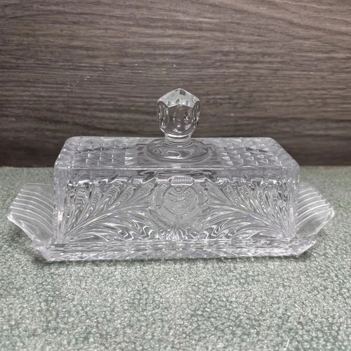 Vintage Carved  Federal Windsor Pressed Glass Rectangular Butter Dish With Lid