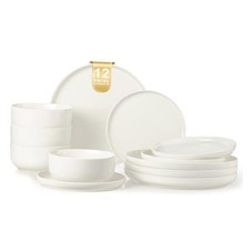 Plates and Bowls Sets, 12 Pieces Stoneware 12 Pcs Service for 4 White