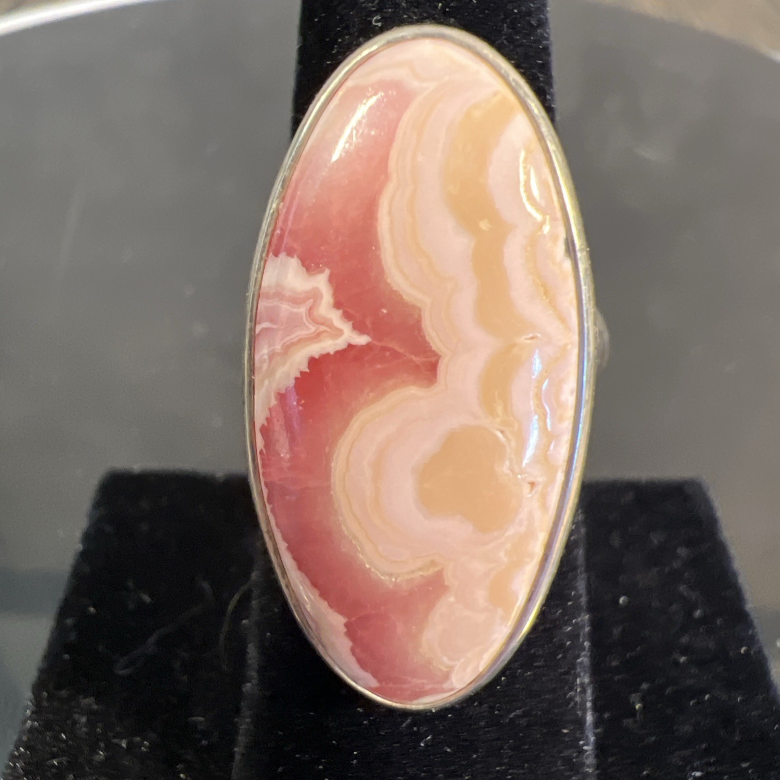 VTG Rhodochrosite Sterling Silver Wavy Pink Floral  Ring Adjustable  Statement