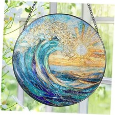 Stained Glass Suncatcher, 8 Inch Ocean Suncatchers for Window Hanging, Sea Wave