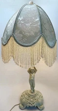 VTG Art Deco Nouveau Rococo Cherub Putti Lamp Mint Green Satin Bead Fringe Shade