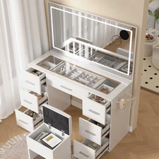 White Vanity Desk w/Mirror & LED Lights Makeup Table 7 Drawers Power Outlet Gift