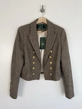 Holland Cooper Blazer Jacket Size 14 Brown Tweed Wool Cropped Brompton Plaid