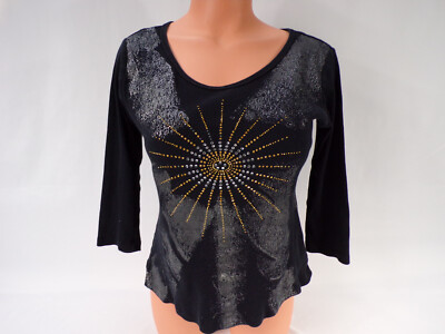 Vintage USA Nally & Millie Shirt Women Med Black Cotton Starburst 3/4 Sleeve B24