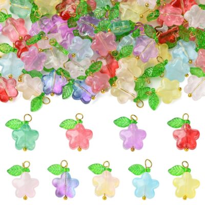 90pcs Glass Flower Charms Spring Floral Leaf Cherry Blossom Charm for Jewelry