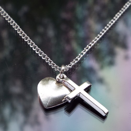 Cross & Heart Pendant Necklace with Silver Plated Chain by Hudegate - Picture 3 of 5