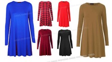 Ladies Swing Flared Skater Long Sleeve Standard & Plus Size Dresses Size 4 To 22