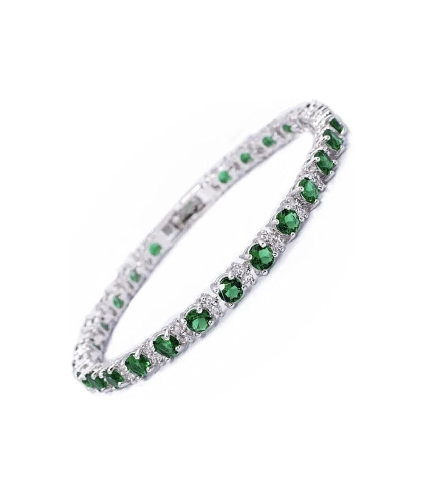 Pulsera Tenis Diamante Creado Esmeralda Verde Acabado Oro Blanco Foto 2 de 4