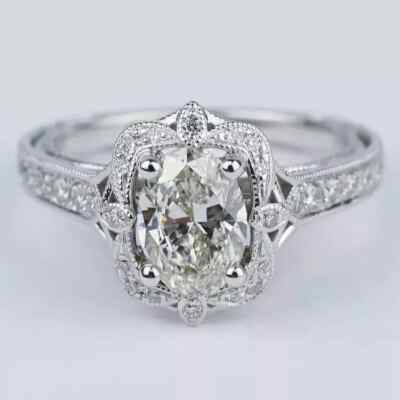 Art Deco Vintage Style Oval Lab-Created Diamond  14K White Gold FN Wedding Ring