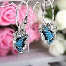 New Fashion Sparkling Crystal Diamante Blue Butterfly Hoop Silver Earrings 