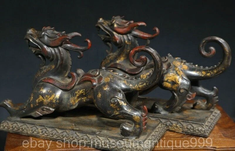 Par de esculturas de estatua de dragón pixiu bestia dragón dinastía dorada china antigua de 10,4" Foto 4 de 4