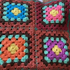 Crochet  Granny Square Lap Blanket 45x36” Brown/Burnt Orange Multi Bright Colors