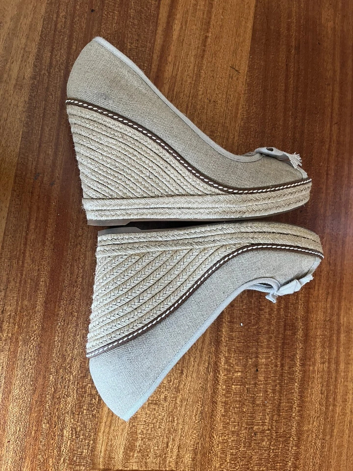 Tory Burch Zapatos Jackie Alpargatas Tacones de Cuña Beige Lona Punta abierta Talla 10.5 B Foto 4 de 4
