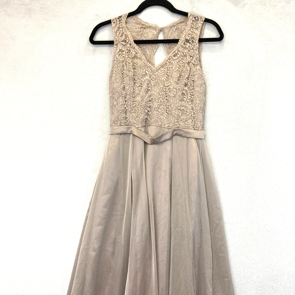 Vestido formal Belsoie de encaje talla 8 marrón topo gasa línea A sin mangas graduación boda Foto 3 de 4