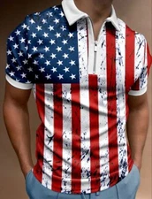 Polo T-Shirt Men Zipper US American Flag Casual Golf Fashion Patriotic T Shirts