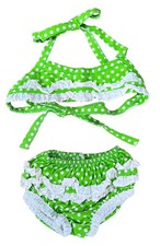 Vtg 70 s Green White Polka Dot Bakini Ruffle Bottom Baby Size 2 T 100 Cotton