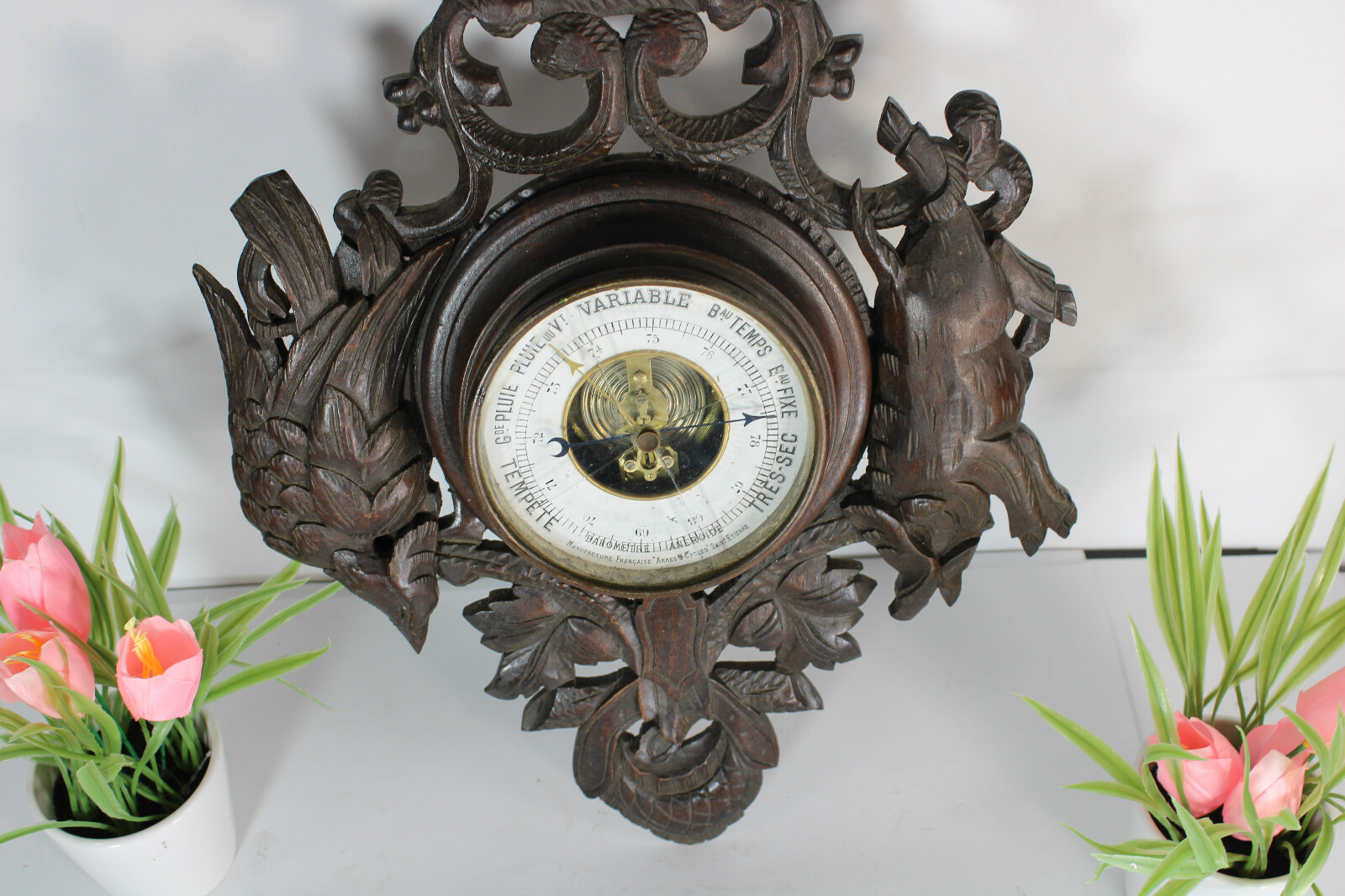 Antique black forest wood carved barometer hunting theme dog 