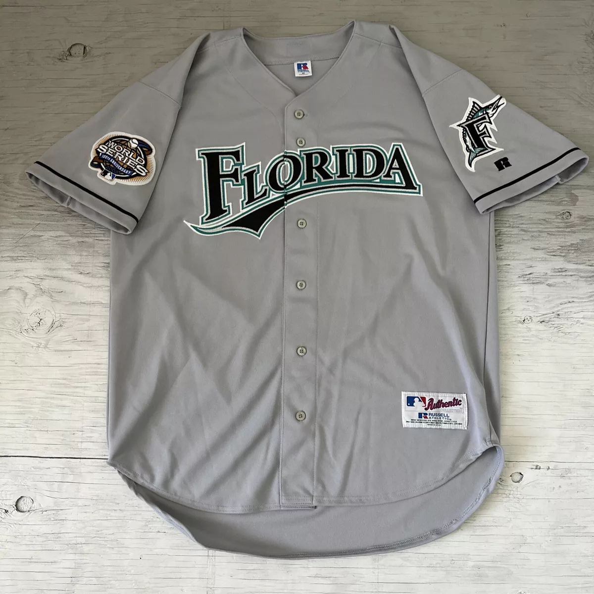 Vintage 90s MLB Russell Athletic Florida Marlins World Series Patch Jersey  Sz 44