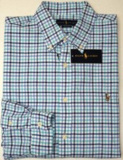 Polo Ralph Lauren Cotton Oxford Long Sleeve Shirt Aqua Navy Blue Plaid 98