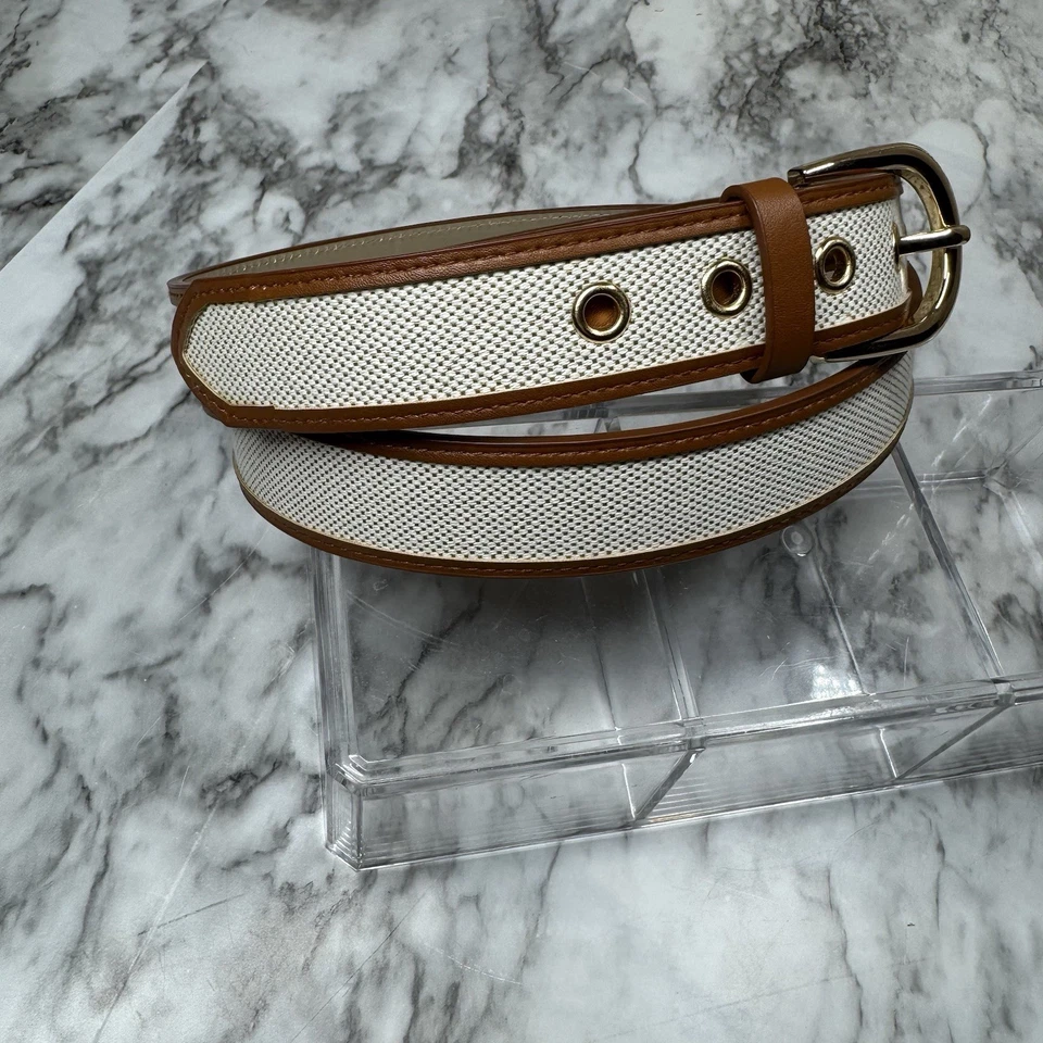 Nuevo con etiquetas Cinturón Ann Taylor Dos Tonos Marrón Lino Natural Talla XL Tono Dorado Hebilla Resort Foto 2 de 4