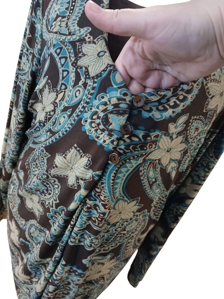 Mirasol Green Paisley Brown Layered Drape Stretch Long Sleeve Plus Blouse Mature - Image 3 of 4