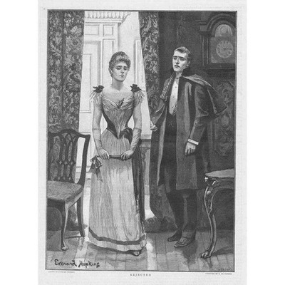 EVERARD HOPKINS Rejected - Victorian Parlour Scene - Antique Print 1891