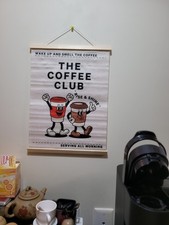 The Coffee Club Canvas Wall Art Hanging Wood Frame Kitchen Decor 16" X 12" New