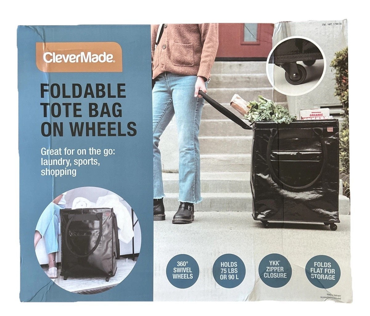 CleverMade Foldable Tote Bag on Wheels 14”Lx18”Wx24”H Soft Grip