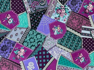 Vintage Crazy Quilt Cheater Patchwork Fabric Purple Cranston Whimsigoth BTHY