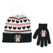 Girls Disney Minnie Mouse Winter Hat  Gloves Black White Hearts 2 Pc Set Beanie