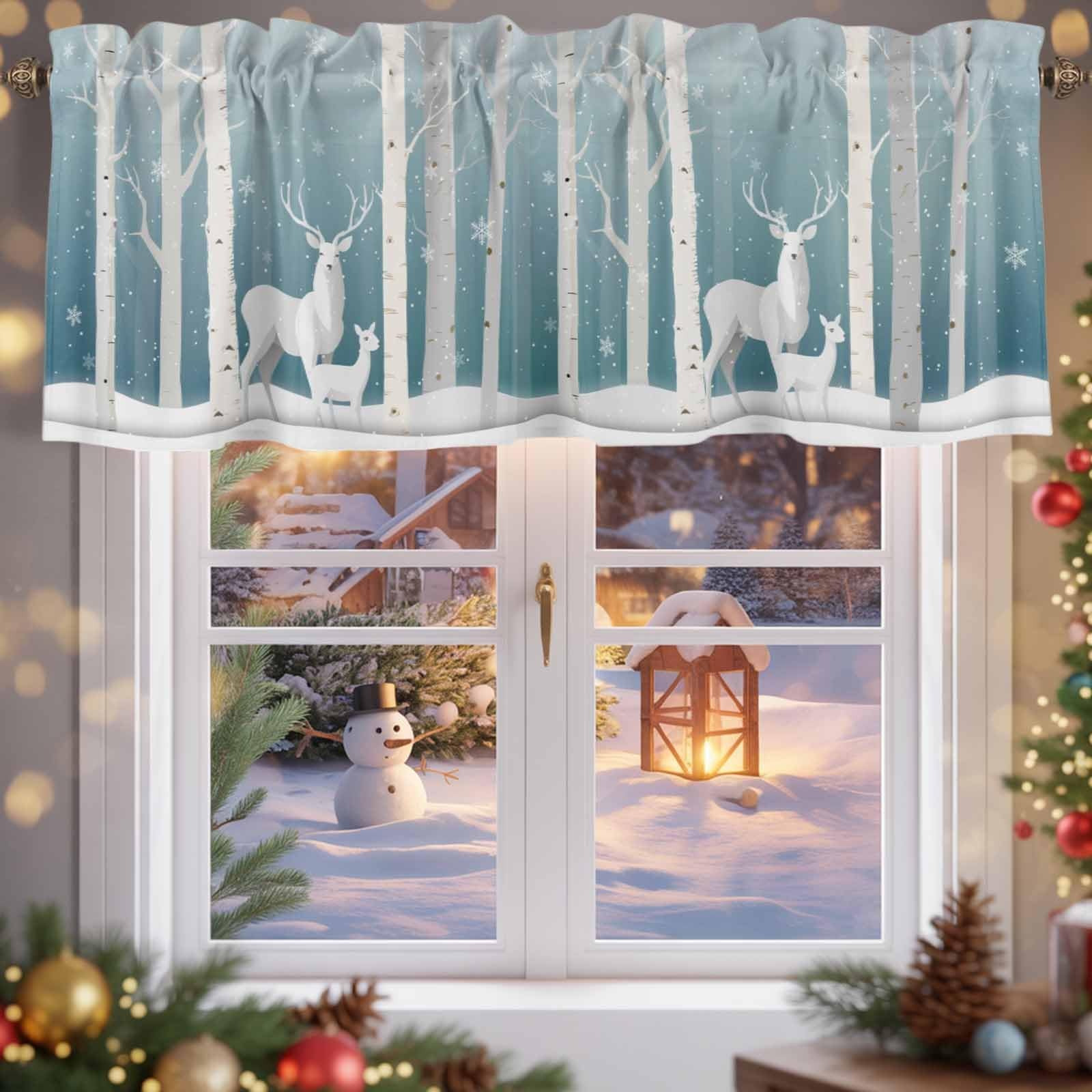 Valance Curtains-White Christmas Deer in Winter Snow Forest for Living Room,B...