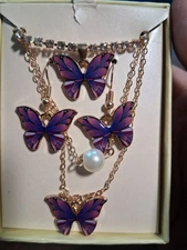 Purple Butterfly Necklace Earrings And Anklet Set