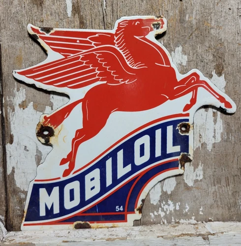 VINTAGE MOBIL PORCELAIN SIGN OLD 1954 PEGASUS GAS STATION OIL SERVICE DIECUT 8"
