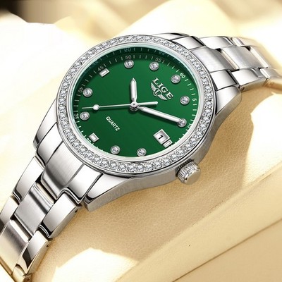 LIGE Diamond Luminous Waterproof Steel Strap Quartz Watch For Women