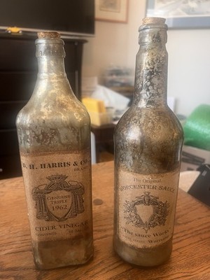 Two Vintage Bottles DH Harris 1962 Cider Vinegar +Original Worcester Sauce. B100