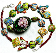 Vintage Handcrafted Multi Color Cloisonn  Butterfly  Red Coral Bead Necklace
