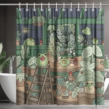 Cute Frog Shower Curtain 72x72 Inch with Hooks, Plants and Mushrooms, Cartoon...