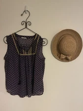 edc tank top blouse pullover navy blue yellow white tassle flowy semi sheer xl