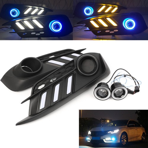 LED DRL Fog Light Projector+Angel Eye Kit Fits Honda Civic 4DR 2016-2018 2017 - Foto 3 di 12