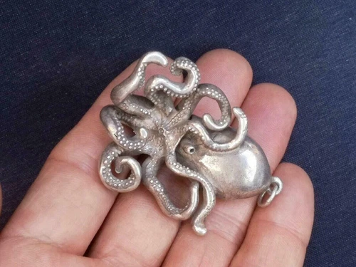 Collana ciondolo statua pesce polpo intaglio argento Cina Tibet regalo - Foto 4 di 8